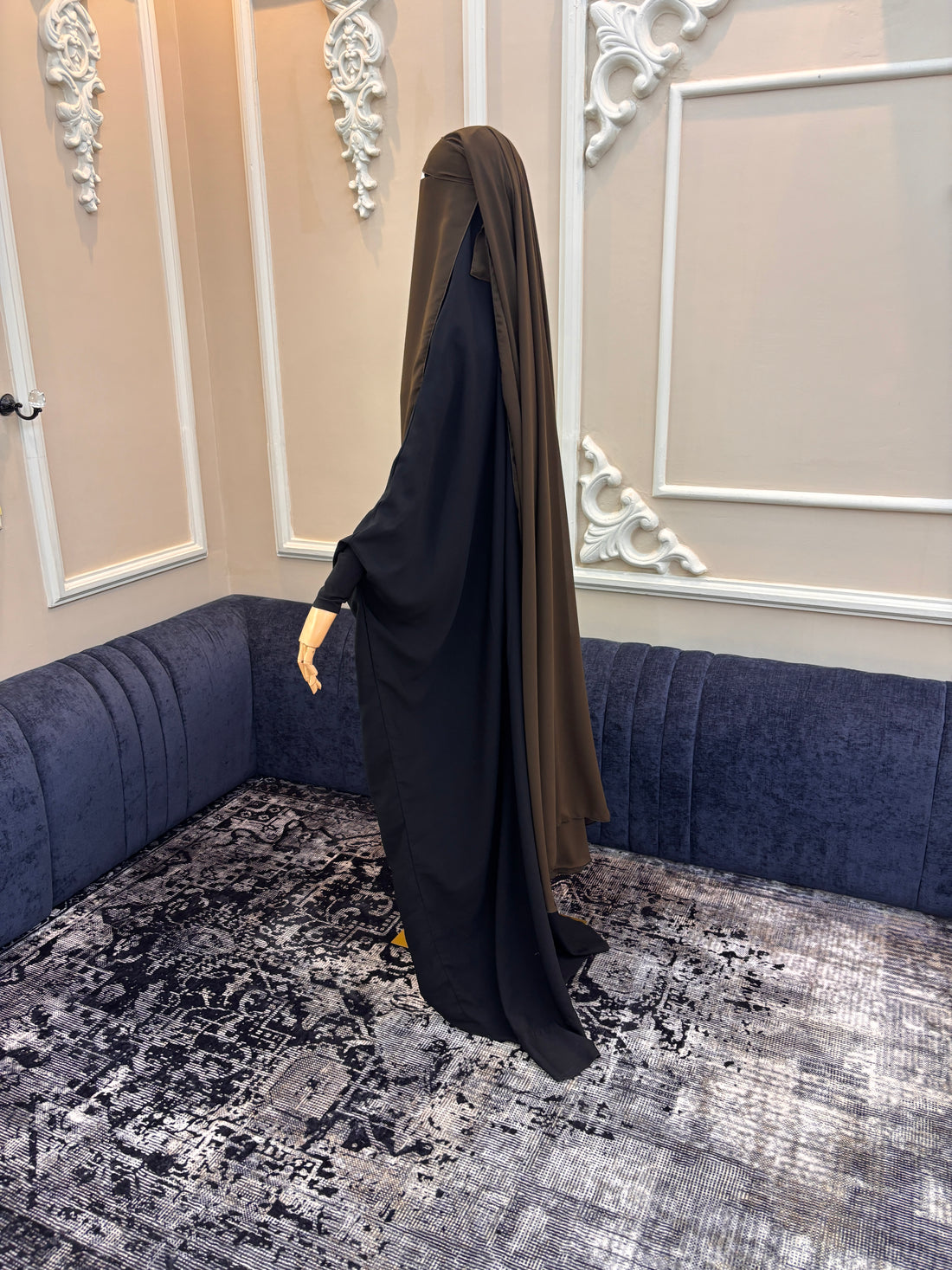 Dark Khaki Two-Layer Niqab — Extra-Long Khimar Style