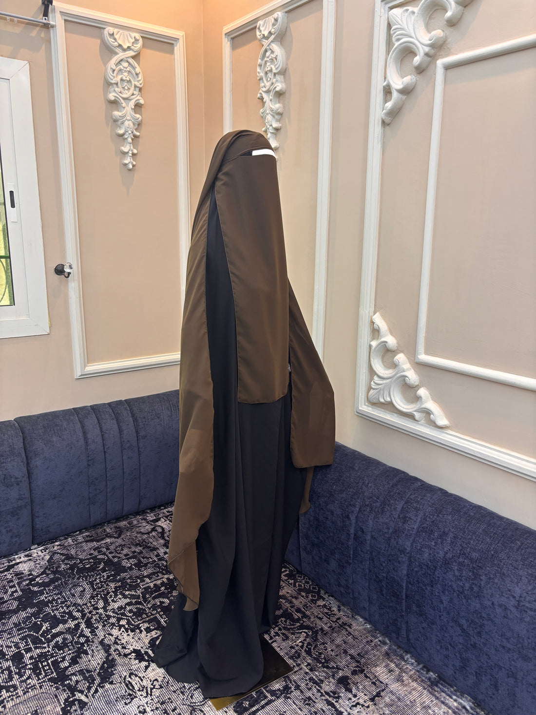 Dark Khaki Two-Layer Niqab — Extra-Long Khimar Style