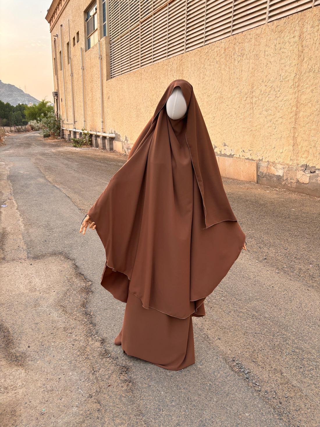 Burnt Orange Two-Piece French Jilbab — Butterfly Cut, Hood & Niqab Feature