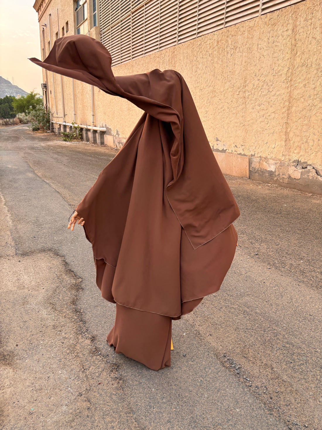Burnt Orange Two-Piece French Jilbab — Butterfly Cut, Hood & Niqab Feature