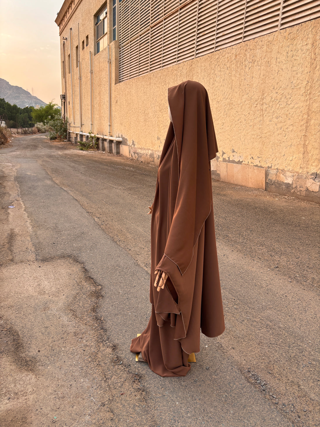 Burnt Orange Two-Piece French Jilbab — Butterfly Cut, Hood & Niqab Feature