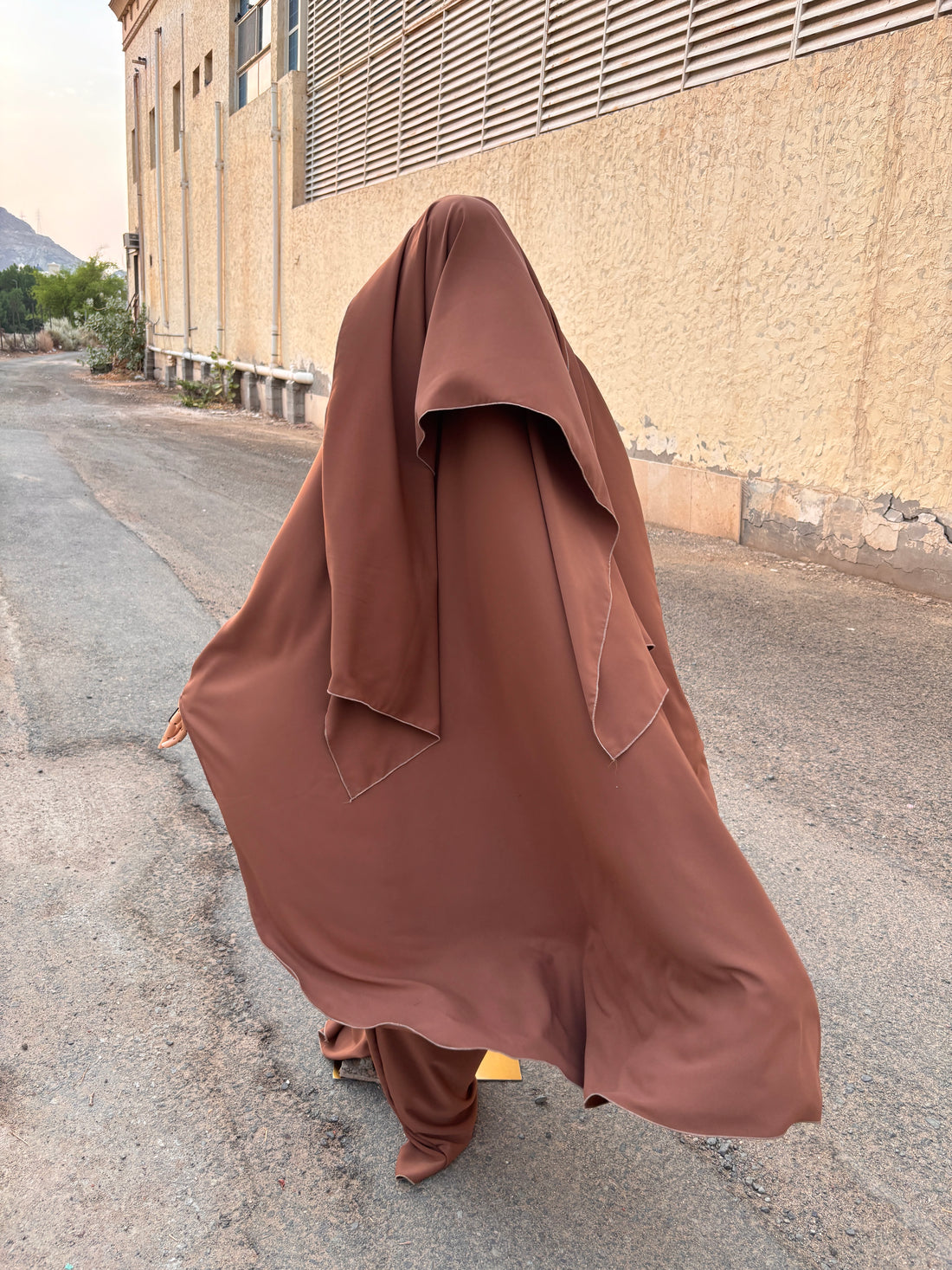 Burnt Orange Two-Piece French Jilbab — Butterfly Cut, Hood & Niqab Feature