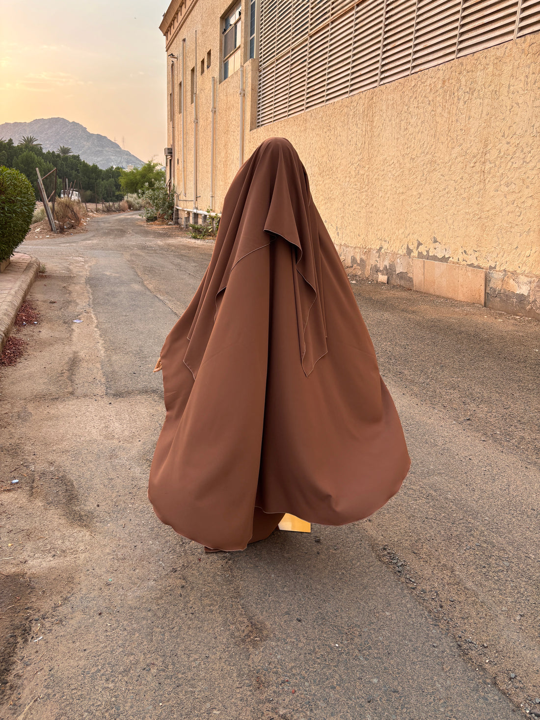 Burnt Orange Two-Piece French Jilbab — Butterfly Cut, Hood & Niqab Feature