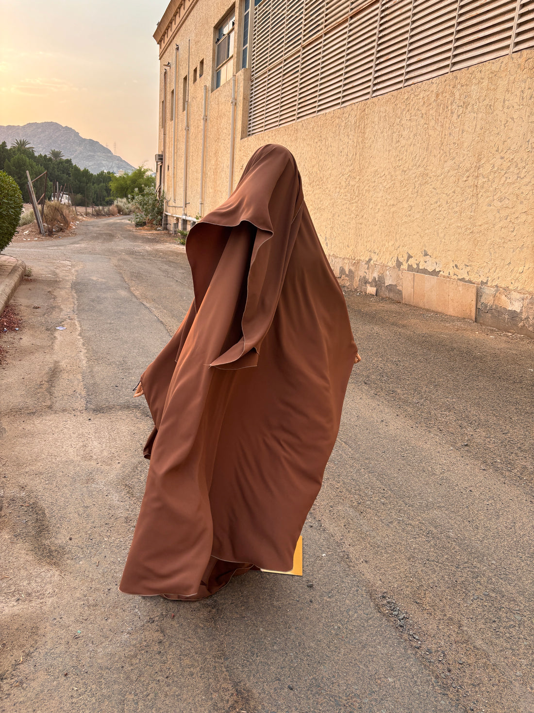 Burnt Orange Two-Piece French Jilbab — Butterfly Cut, Hood & Niqab Feature