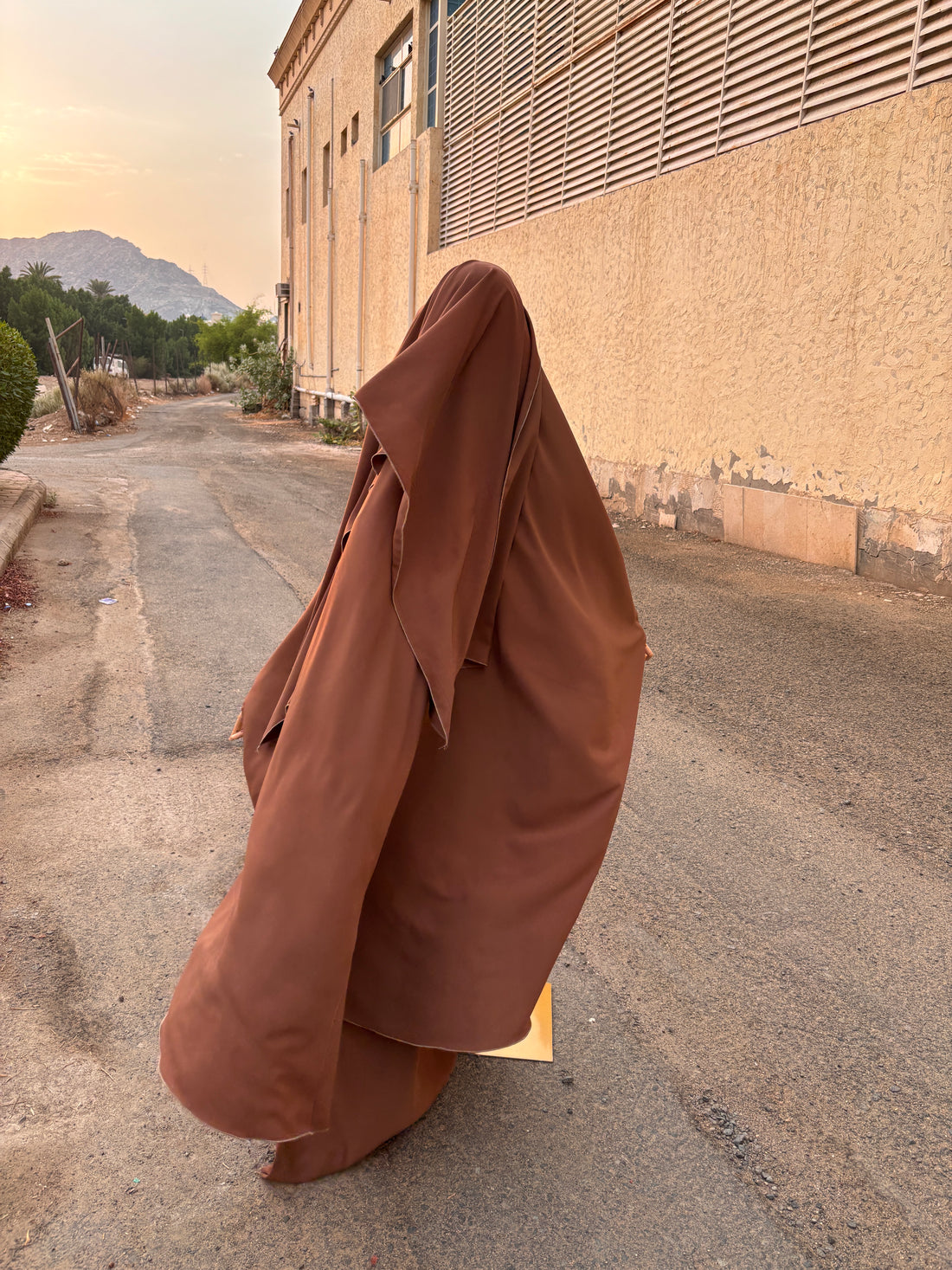Burnt Orange Two-Piece French Jilbab — Butterfly Cut, Hood & Niqab Feature