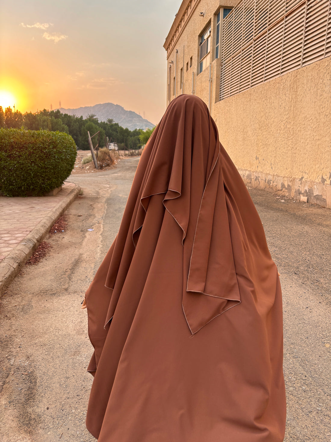 Burnt Orange Two-Piece French Jilbab — Butterfly Cut, Hood & Niqab Feature